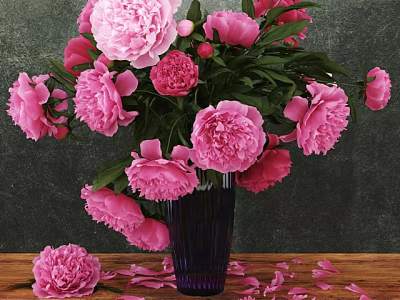 Pink Peonies in Purple Glass Vase on Wooden Table with Dark Background and Scattered Petals 3d model