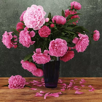 Pink Peonies in Purple Glass Vase on Wooden Table with Dark Background and Scattered Petals 3d model