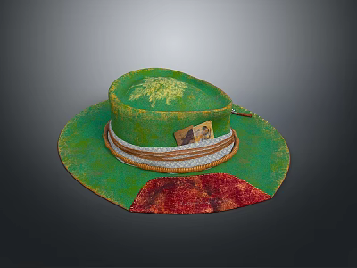 Green Decorative Wide Brim Hat With Red Accent And Straw Top Decoration 3d model