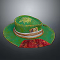 Green Decorative Wide Brim Hat With Red Accent And Straw Top Decoration