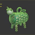 Intricate Animal Sculpture With Green Body Red White Patterns Colorful Legs And Decorative Ring Handle