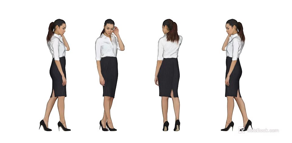 Professional Woman Standing In Four Angles With White Shirt Striped Black Skirt And High Heels 3d model 