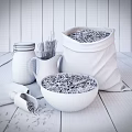 Organic Oats in Burlap Sack and Wooden Bowl with Pasta in Glass Jar on Wooden Background