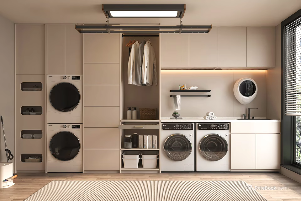 Modern Laundry Room Design With Stacked And Side By Side Washing Machines And Storage 3d model 