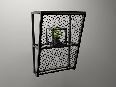 Black Metal Mesh Wall Mounted Garden Decorative Shelf With Small Potted Plant 3d model