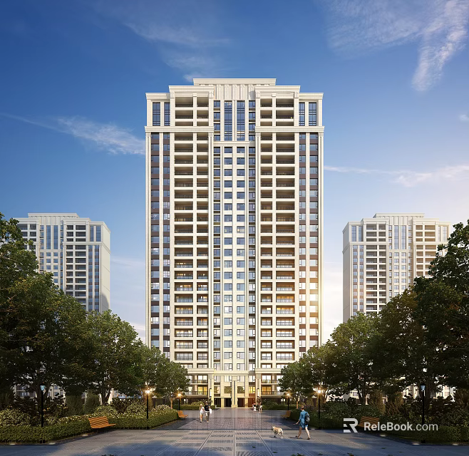 Modern High-rise Residential Building With Glass Facade Surrounded By Trees And Blue Sky 3d model 