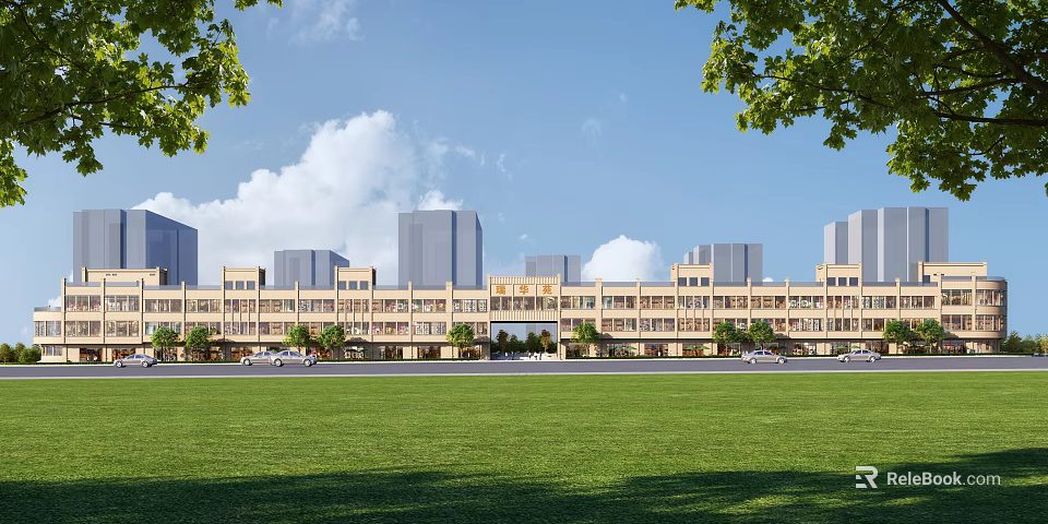 Modern Commercial Street With Multi story Buildings Green Trees Open Lawn And Blue Sky 3d model 