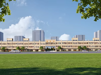 Modern Commercial Street With Multi story Buildings Green Trees Open Lawn And Blue Sky 3d model