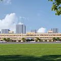Modern Commercial Street With Multi story Buildings Green Trees Open Lawn And Blue Sky