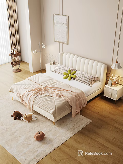 Cozy Beige Double Bed With Tufted Headboard Pillows Blanket Nightstand And Lamp 3d model 