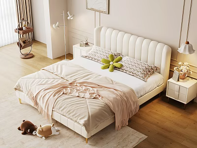 Cozy Beige Double Bed With Tufted Headboard Pillows Blanket Nightstand And Lamp 3d model
