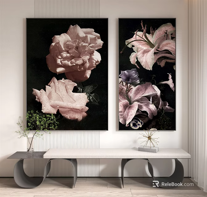 Elegant Flower Paintings With Roses And Lilies On Black Background For Living Room Wall Decor 3d model 