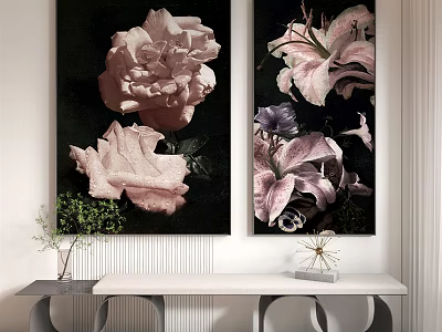 Elegant Flower Paintings With Roses And Lilies On Black Background For Living Room Wall Decor 3d model