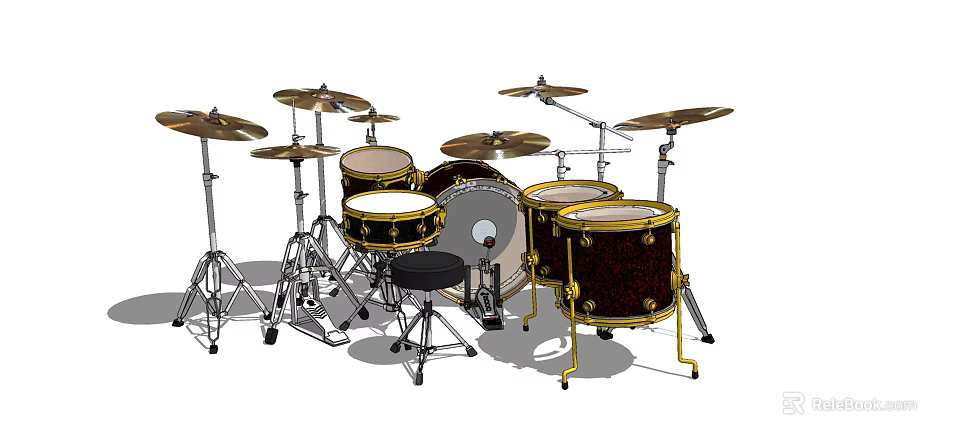 Professional Percussion Instrument Drum Set With Multiple Drums Cymbals Stands And Stool 3d model 