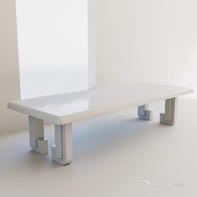 White Long Modern Dining Table With Sleek Surface And Unique Legs 3d model