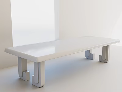 White Long Modern Dining Table With Sleek Surface And Unique Legs 3d model