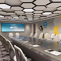 Modern Conference Room Interior With Hexagonal Ceiling Lights Long Table Comfortable Chairs And Wooden Walls