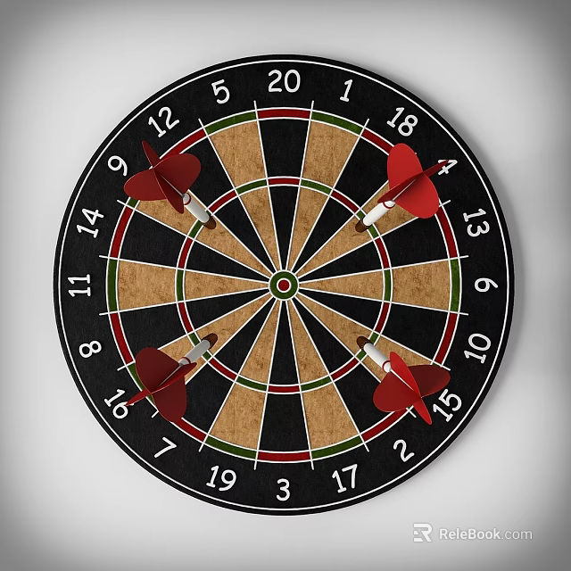 Dartboard with Red Darts Sports Equipment Featuring Target Numbers and Wooden Design 3d model 