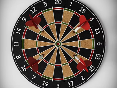 Dartboard with Red Darts Sports Equipment Featuring Target Numbers and Wooden Design 3d model
