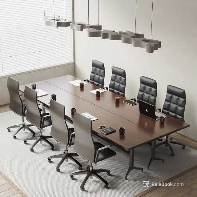 Wooden Conference Table with Ergonomic Chairs Laptop Cups and Papers in Modern Office 3d model 