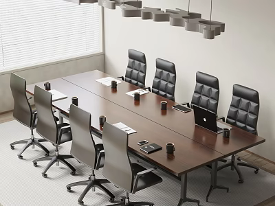 Wooden Conference Table with Ergonomic Chairs Laptop Cups and Papers in Modern Office 3d model