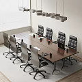 Wooden Conference Table with Ergonomic Chairs Laptop Cups and Papers in Modern Office