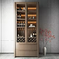 Modern Wooden Wine Cabinet Featuring Glass Doors Wine Bottles And Red Flower Vase