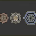 Colorful Garden Ornaments Featuring Octagonal Shapes Red Blue Black White Intricate Patterns