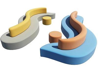 Colorful Curved Public Chairs With Modern Design And Round Stools 3d model