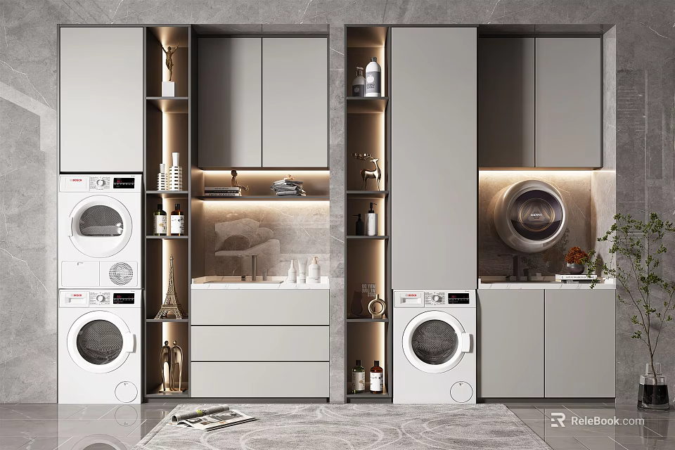 Modern Bathroom Cabinet Rack With Washing Machine Dryer Storage Shelves And Integrated Lighting 3d model 