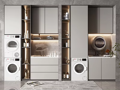 Modern Bathroom Cabinet Rack With Washing Machine Dryer Storage Shelves And Integrated Lighting 3d model