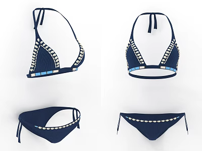 Navy Blue Bikini Set With Halter Neck And Tied Sides Decorative Trim Design 3d model