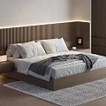 Double Bed Wooden Frame Striped Headboard LED Light Strip Gray Blanket White Pillows Gray Rug