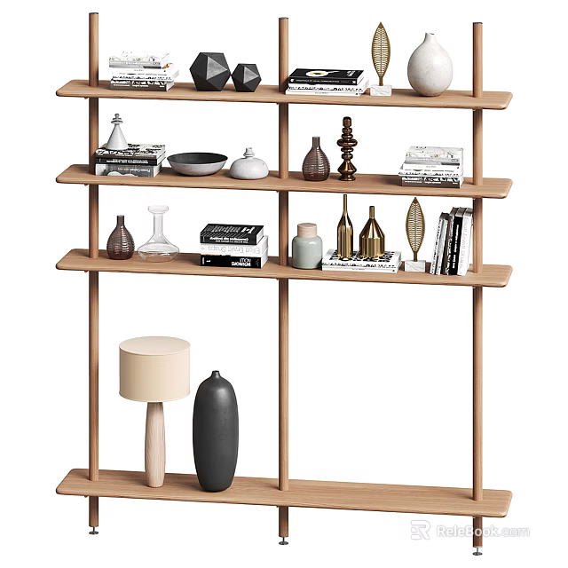 Modern Wooden Multi tiered Bookshelf with Books Decorative Vases and Ornaments 3d model 