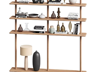 Modern Wooden Multi tiered Bookshelf with Books Decorative Vases and Ornaments 3d model
