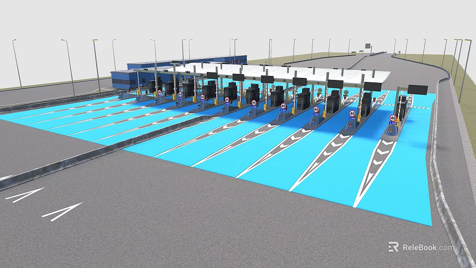 Modern Toll Plaza With Multiple Booths Blue Lanes And Streetlight Markings 3d model 