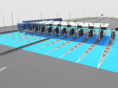 Modern Toll Plaza With Multiple Booths Blue Lanes And Streetlight Markings 3d model