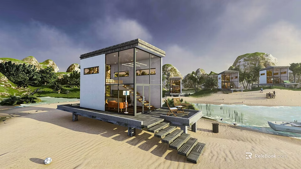 Modern Beachfront Villa With Glass Walls Wooden Deck And Natural Mountain Views 3d model 