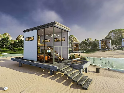 Modern Beachfront Villa With Glass Walls Wooden Deck And Natural Mountain Views 3d model