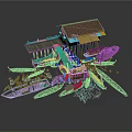 Small Wooden Harbor Scene With Dock Boats And Scattered Debris
