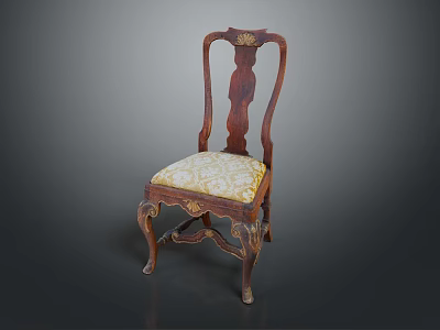 Classical Wooden Single Chair With Carved Details Curved Legs And Patterned Upholstery 3d model