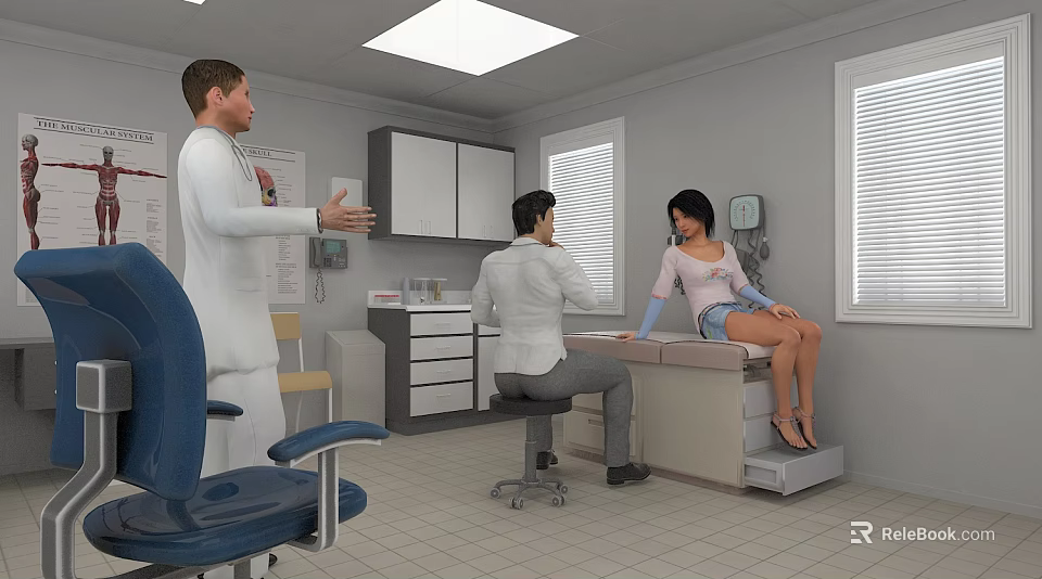 Medical Examination Room With Doctor Patient Examination Table Cabinets And Windows 3d model 