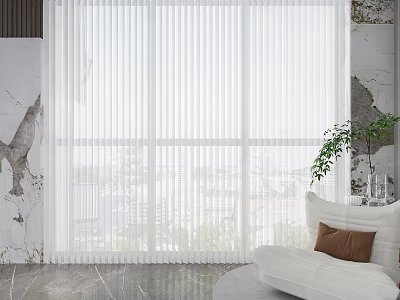 Modern Vertical Striped Curtains For Bright Living Room With White Sofa And Green Plant 3d model