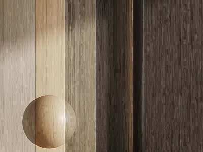 Wooden Architectural Elements Featuring Different Colored Textured Slats And Light Wooden Sphere 3d model