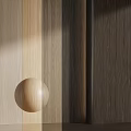 Wooden Architectural Elements Featuring Different Colored Textured Slats And Light Wooden Sphere