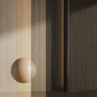 Wooden Architectural Elements Featuring Different Colored Textured Slats And Light Wooden Sphere 3d model