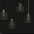 Four Elegant Green Glass Pendant Lights With Brass Base For Dark Background Decor