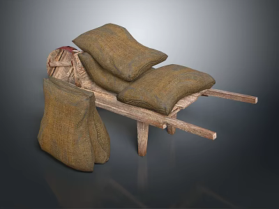 Traditional Wooden Hand Cart With Brown Burlap Sacks For Household Use 3d model