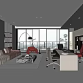 Modern Office Interior With Large Windows Bookshelves Workspace And Seating Area