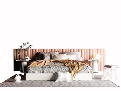 Modern Double Bed With Pink Vertical Tufted Headboard Gray Beige Bedding And Side Tables 3d model